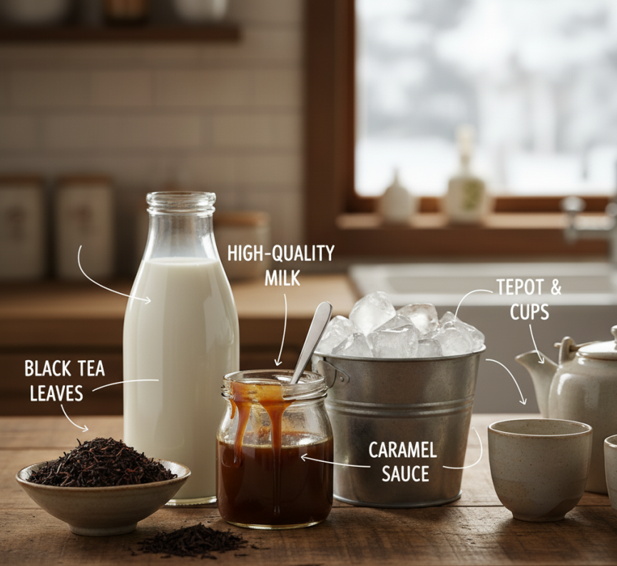 Ingredients for homemade Hokkaido milk tea, including milk, black tea leaves, and caramel syrup, arranged on a kitchen counter